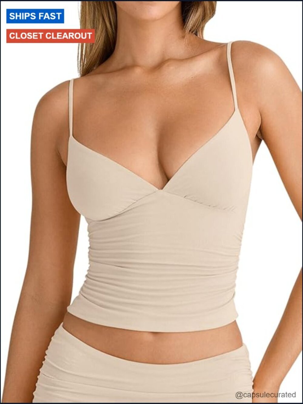 Sexy V Neck Ruched Cami Top Sleeveless Double Layer Fitted Crop Tank Top